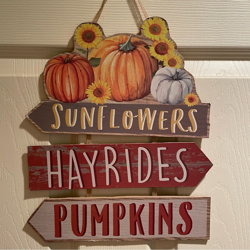 Three Piece Hanging Fall/Autumn Sign With Sunflowers and Pumpkins